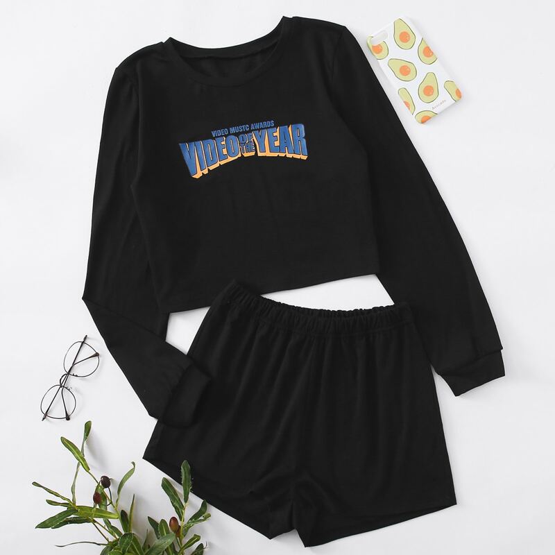 

Letter Graphic Tee & Shorts PJ Set, Black