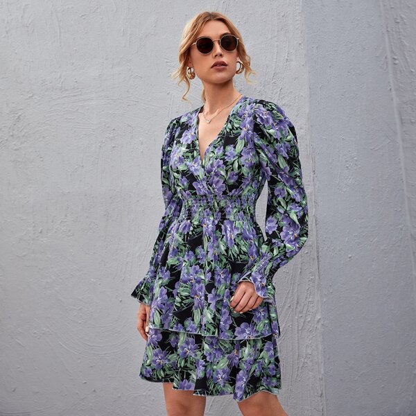 

Shirred Waist Layered Hem Floral Print Dress, Multicolor
