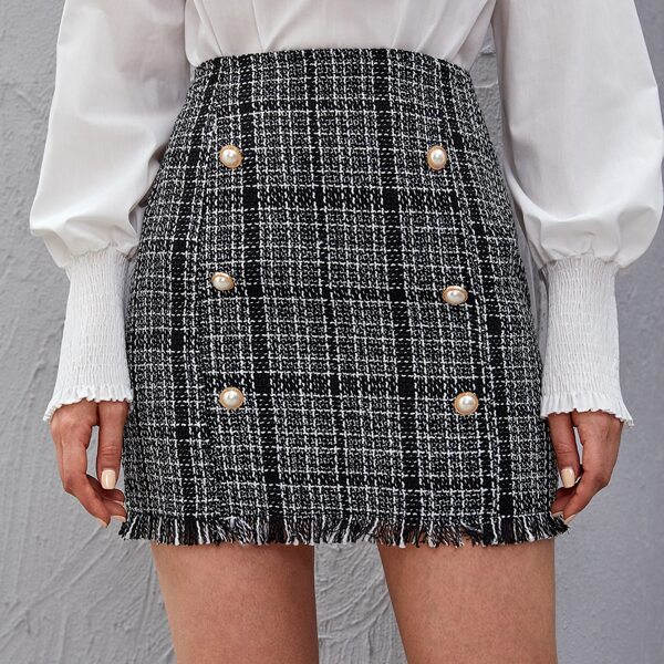

Double Button Plaid Tweed Skirt, Multicolor