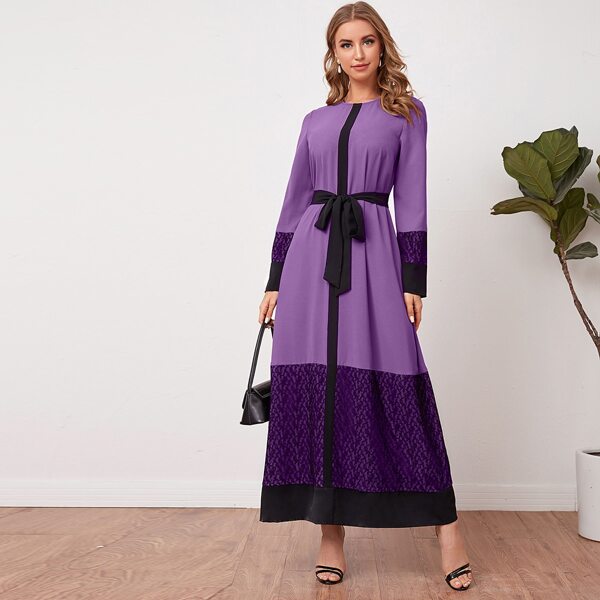 

Lace Trim Two Tone Self Belted Dress, Violet purple