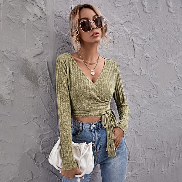 

Rib-knit Wrap Belted Top, Pastel olive green