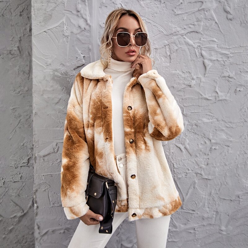 

Drop Shoulder Tie Dye Faux Fur Coat, Multicolor