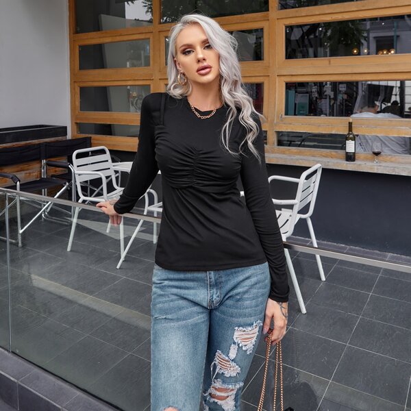 

2 In 1 Ruched Front Solid Tee, Black