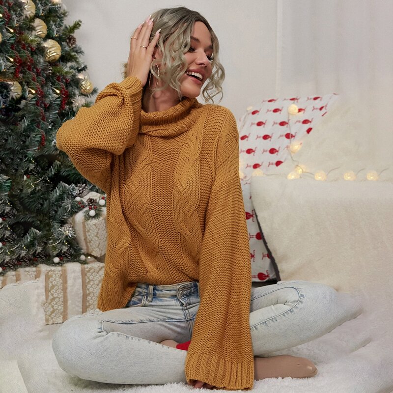 

Christmas Drop Shoulder Turtle Neck Sweater, Mustard yellow