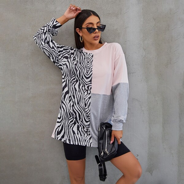 

Drop Shoulder Color Block Zebra Striped Pullover, Multicolor