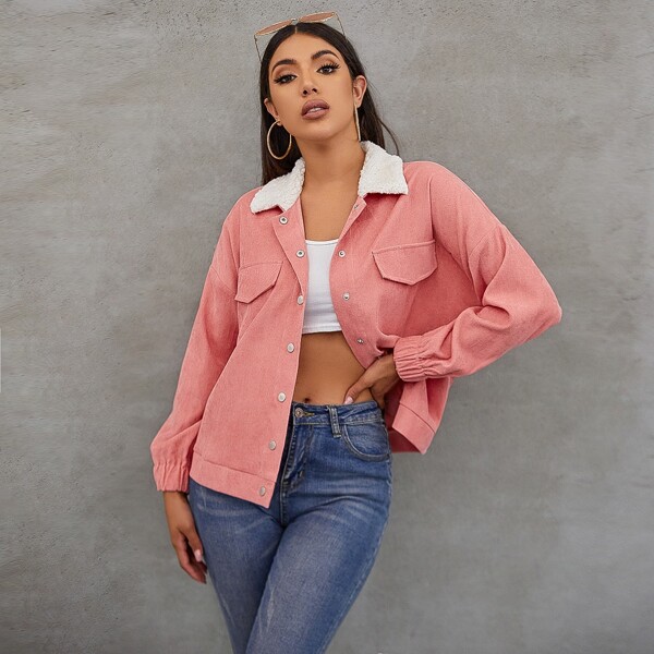 

Drop Shoulder Contrast Teddy Collar Jacket, Coral pink