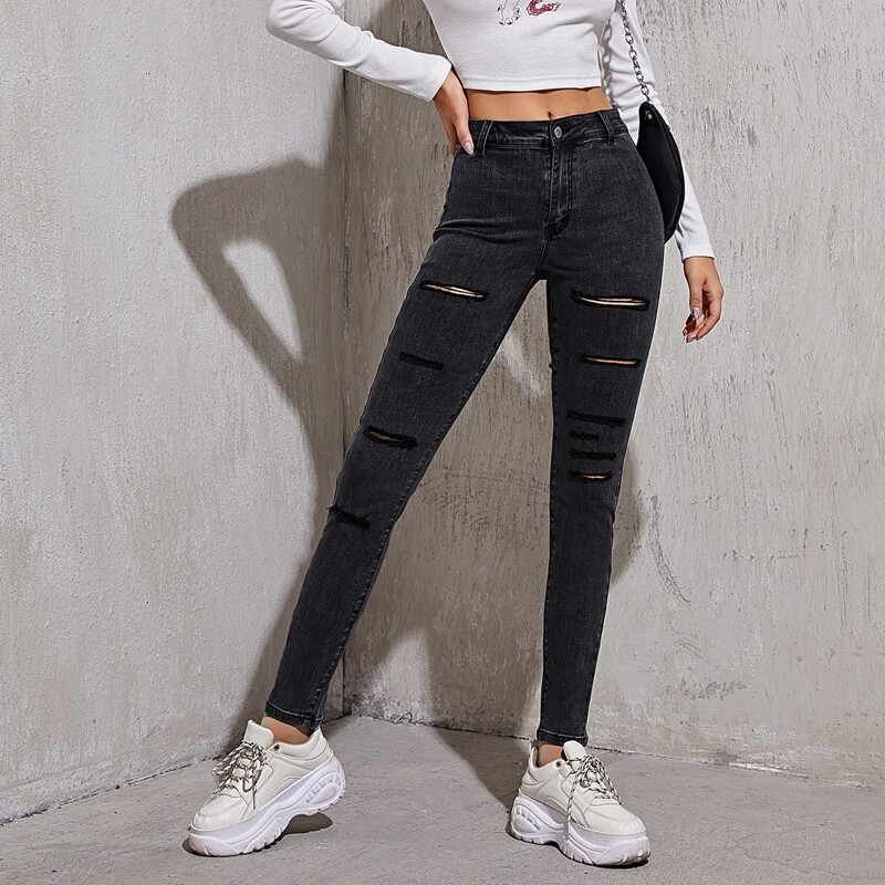 

High Stretch Ripped Skinny Jeans, Black