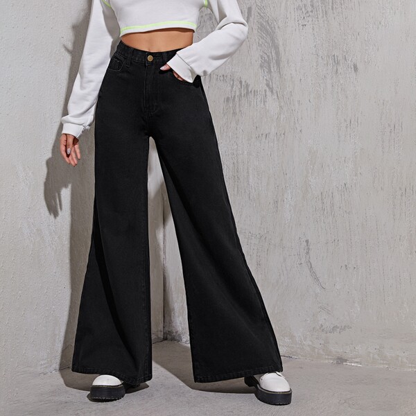 

High Waist Wide Leg Jeans Without Belt, Black