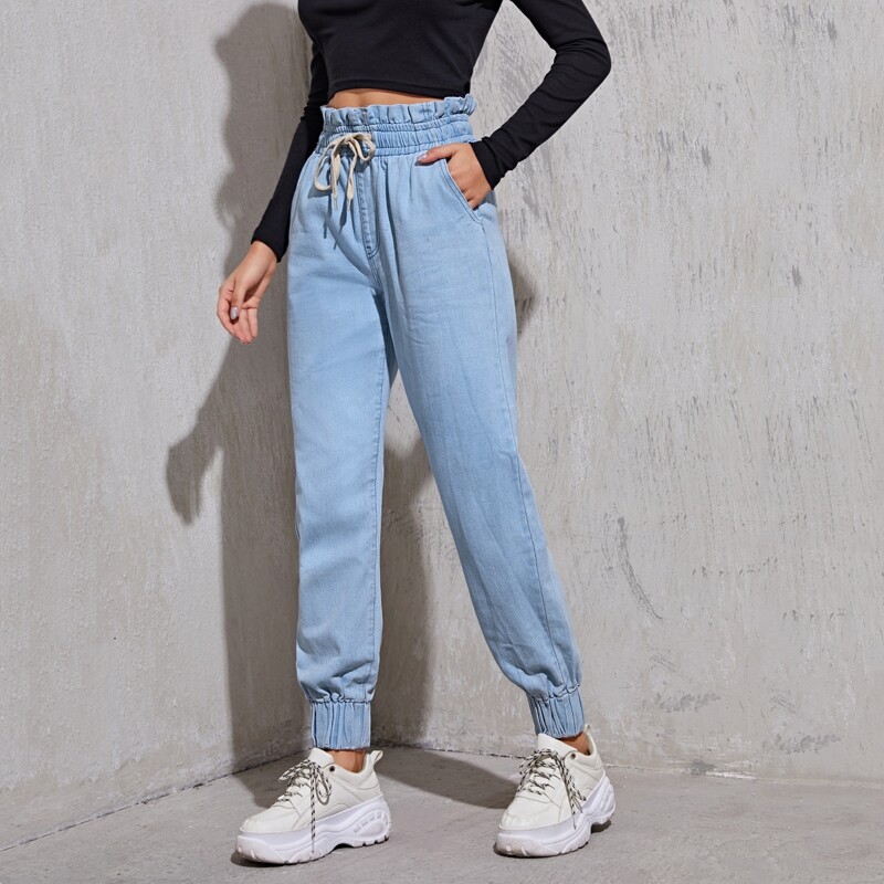 

Paperbag Drawstring Waist Tapered Jeans, Light wash