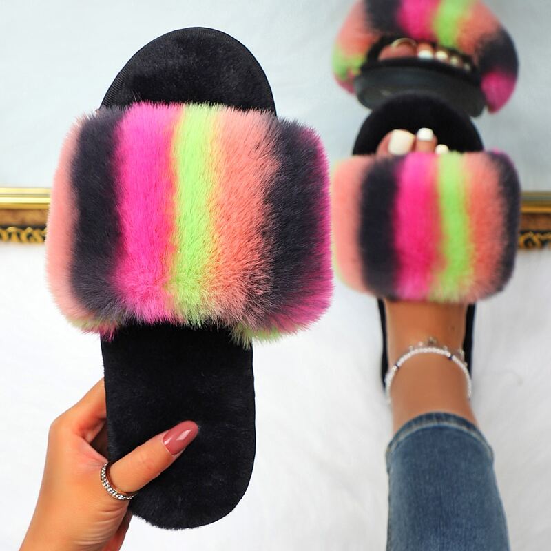 

Open Toe Colorblock Fluffy Slippers, Multicolor