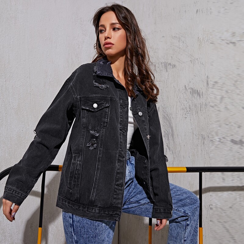 

Ripped Button Front Denim Trucker Jacket, Black