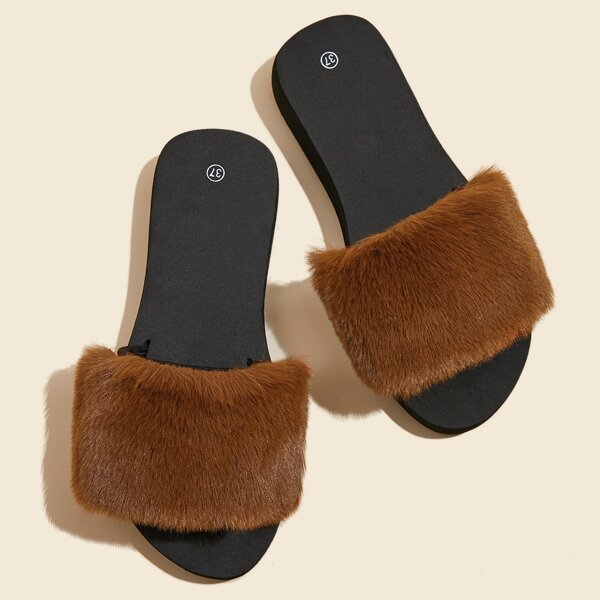 

Open Toe Fluffy Slippers, Camel