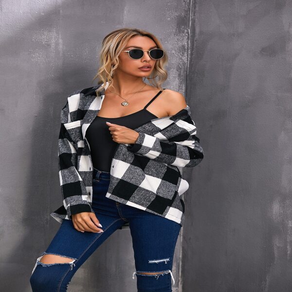 

Drop Shoulder Buffalo Plaid Coat, Black and white