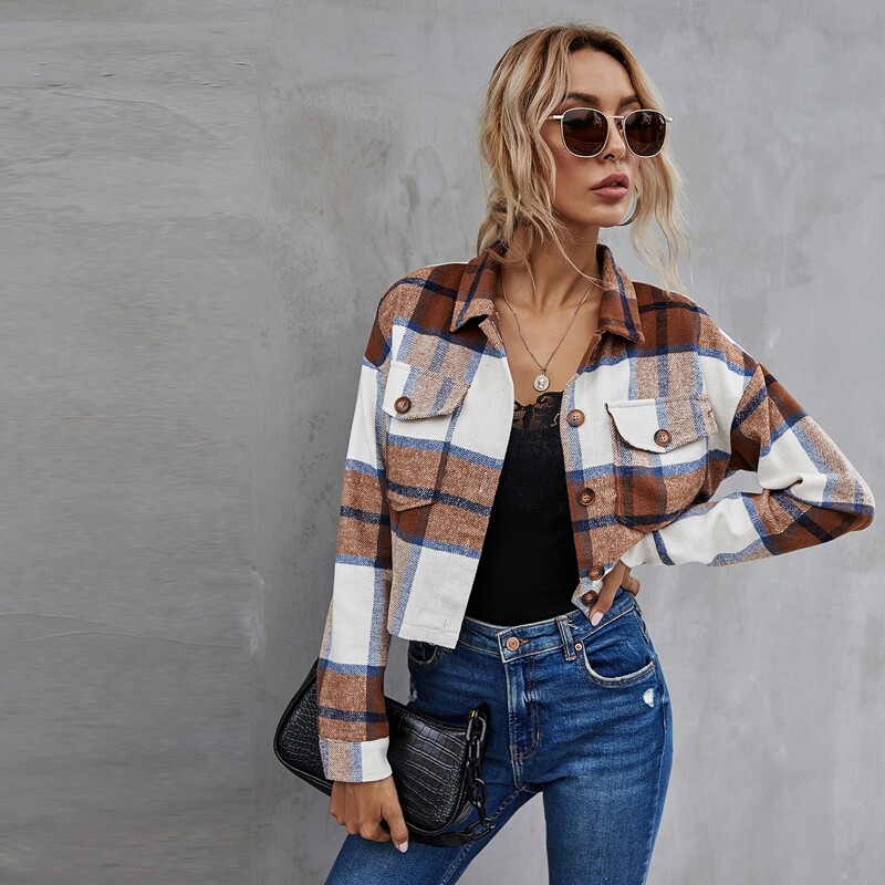 

Plaid Drop Shoulder Crop Shacket, Multicolor