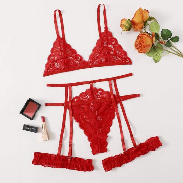 

Floral Lace Garter Lingerie Set, Red
