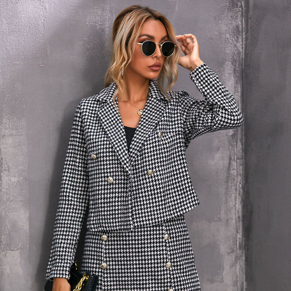 

Double Button Houndstooth Tweed Blazer & Skirt Set, Black and white