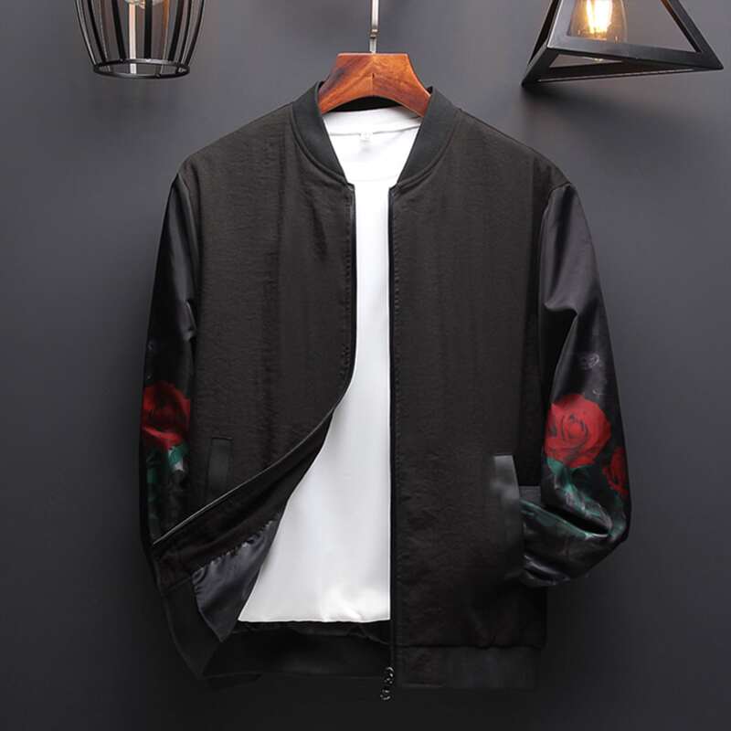 

Guys Rose Print Zip Up Bomber Jacket, Black