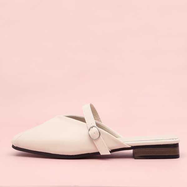 

Square Toe Buckle Decor Mules, Beige