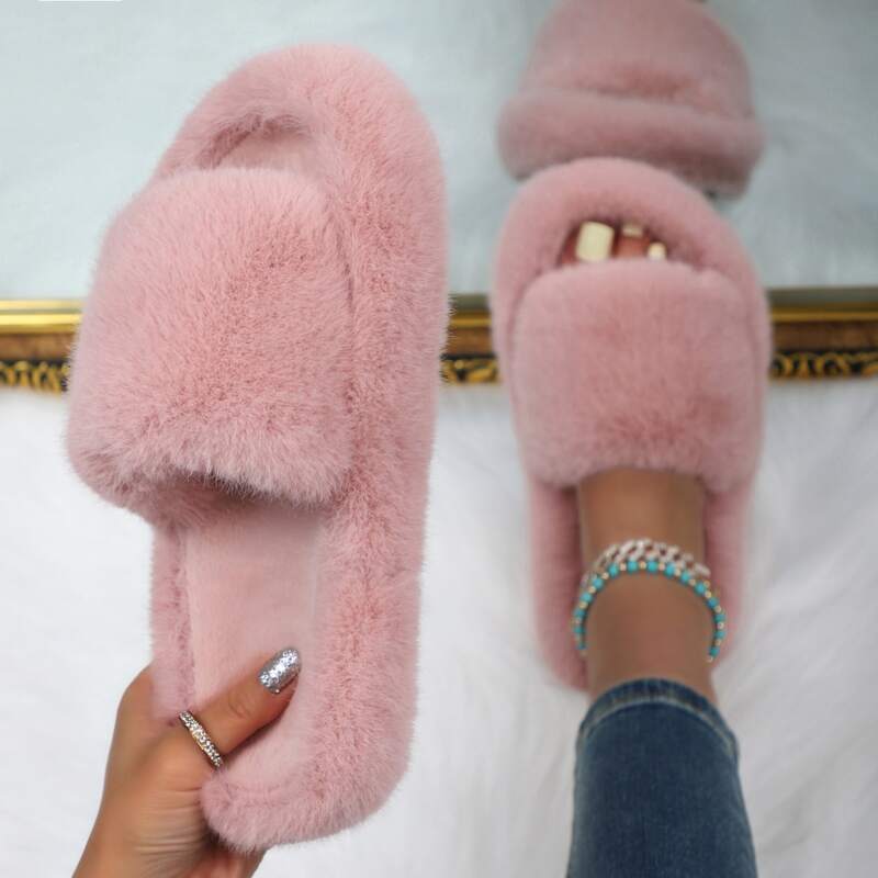 

Open Toe Fluffy Slippers, Pink
