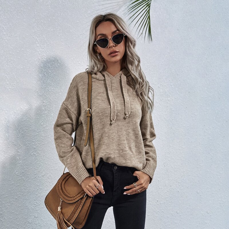 

Drop Shoulder Drawstring Hooded Sweater, Khaki