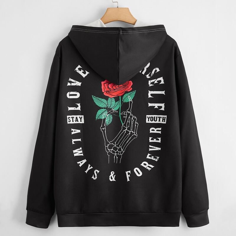 

Guys Floral & Skull Graphic Hoodie, Black