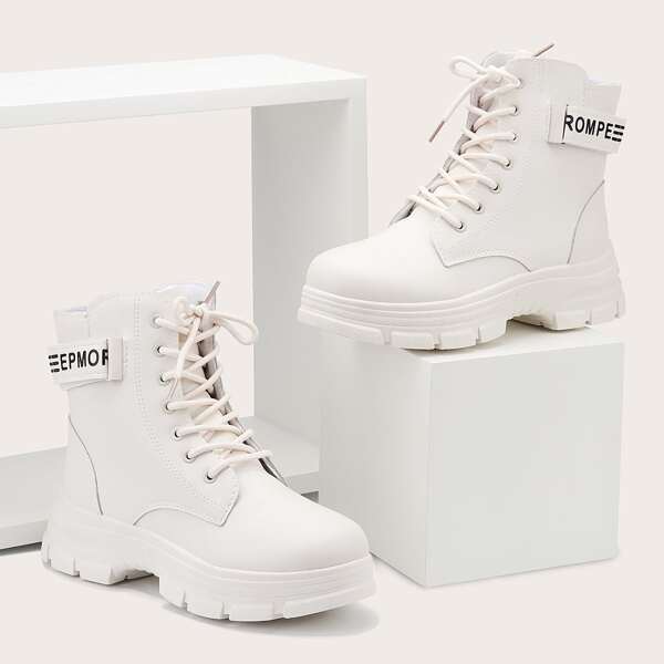

Letter Graphic Combat Boots, Beige