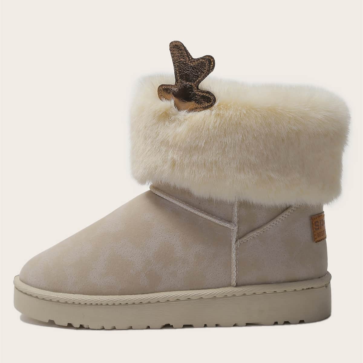 

Letter Patch Fluffy Boots, Beige