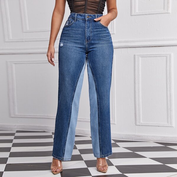 

High Waist Cut and Sew Jeans, Medium wash