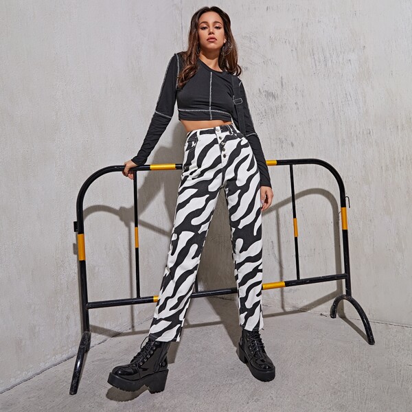 

Button Fly Zebra Stripe Jeans, Black and white