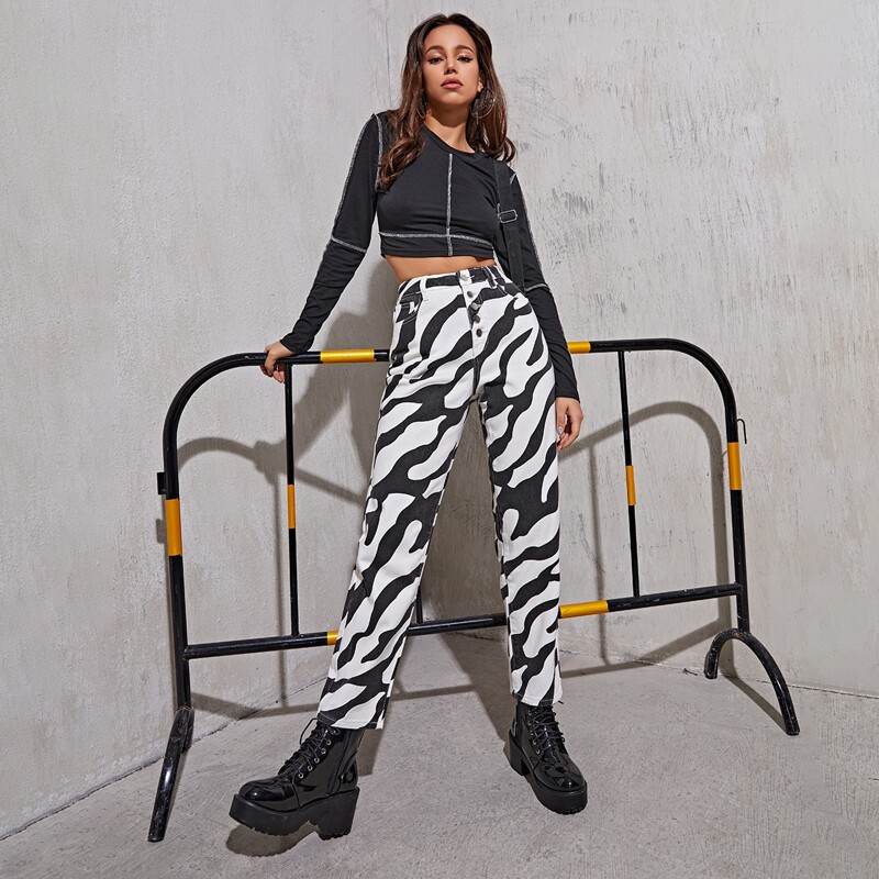 

Button Fly Zebra Stripe Jeans, Black and white