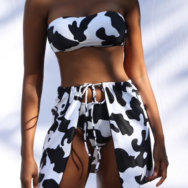 

3pack Cow Print Bandeau Bikini Swimsuit & Beach Skirt, Black and white