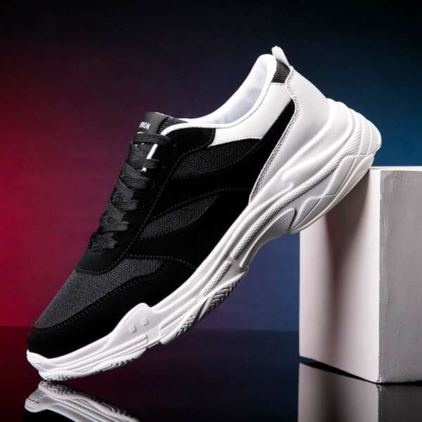 

Men Lace-up Front Letter Graphic Sneakers, Black and white