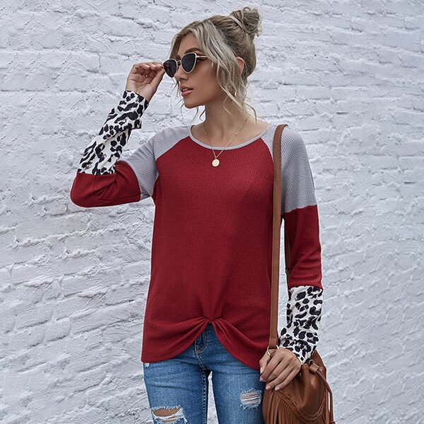 

Colorblock Twist Hem Waffle Knit Tee, Multicolor