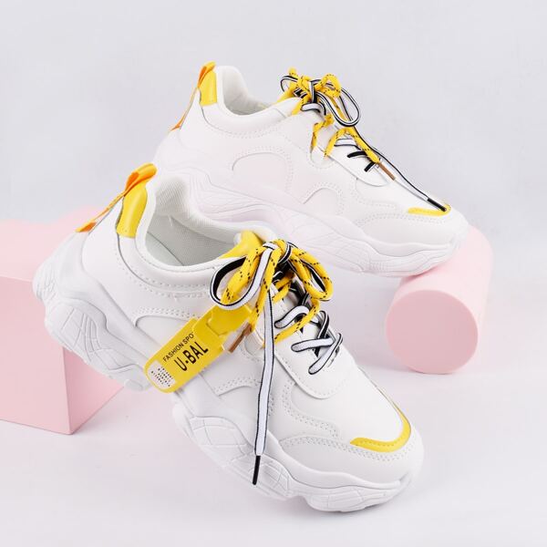 

Lace-up Front Letter Ribbon Sneakers, Yellow