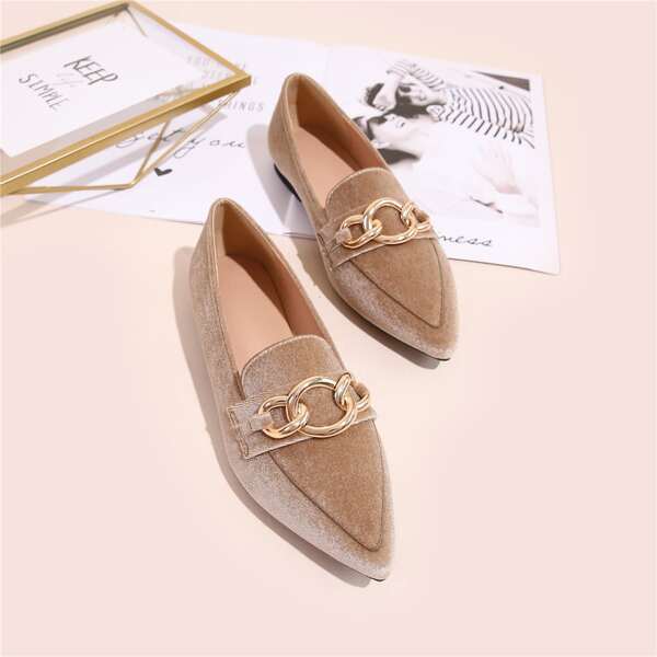 

Chain Decor Point Toe Loafers, Apricot