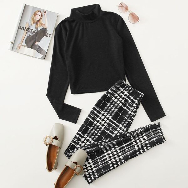 

Solid Mock Neck Tee & Houndstooth Leggings, Black and white