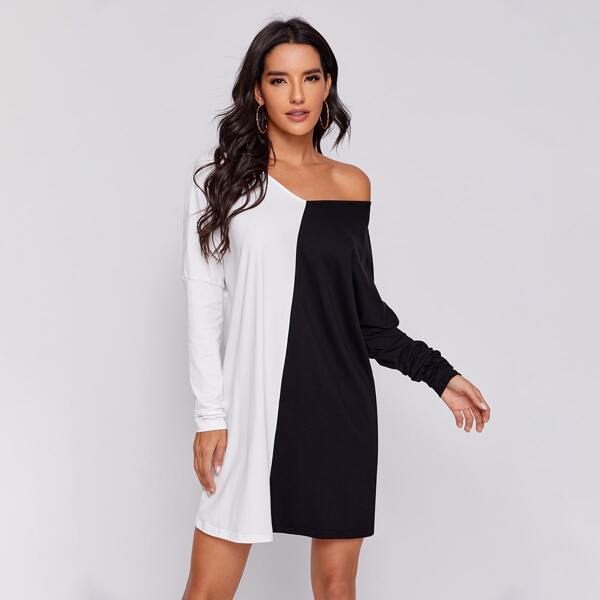 

Two Tone Colorblock Rib-knit Dress, Black and white