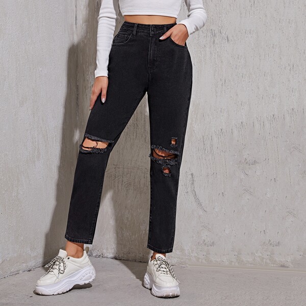 

High Waisted Ripped Mom Jeans, Black
