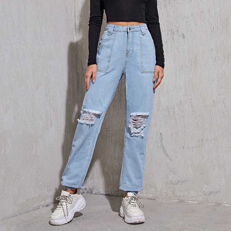 

High Waist Slant Pocket Ripped Jogger Jeans, Light wash