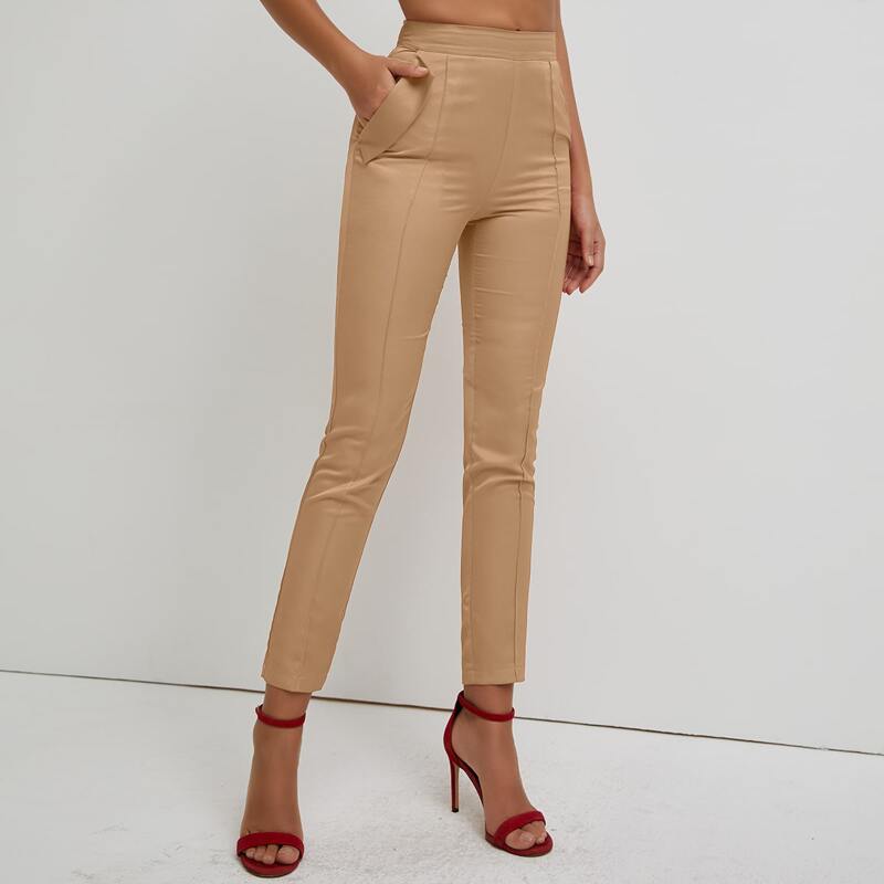 

Slant Pocket Solid Skinny Pants, Apricot