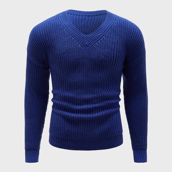 

Men Solid Rib-Knit V Neck Sweater, Blue