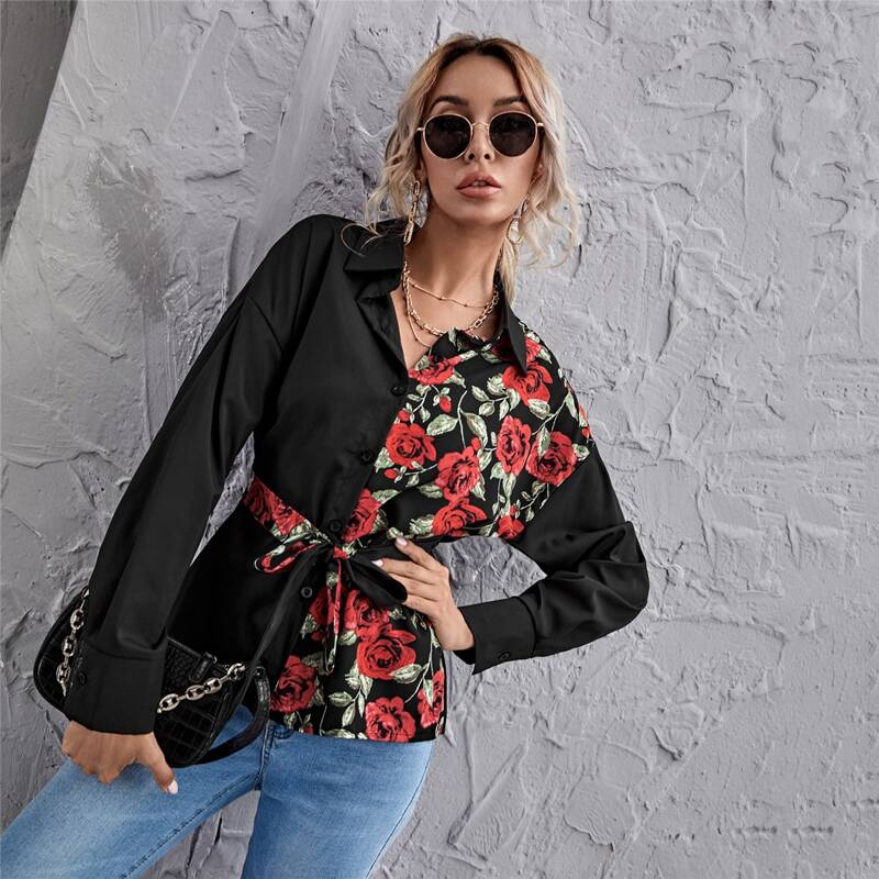 

Drop Shoulder Belted Floral Print Blouse, Multicolor