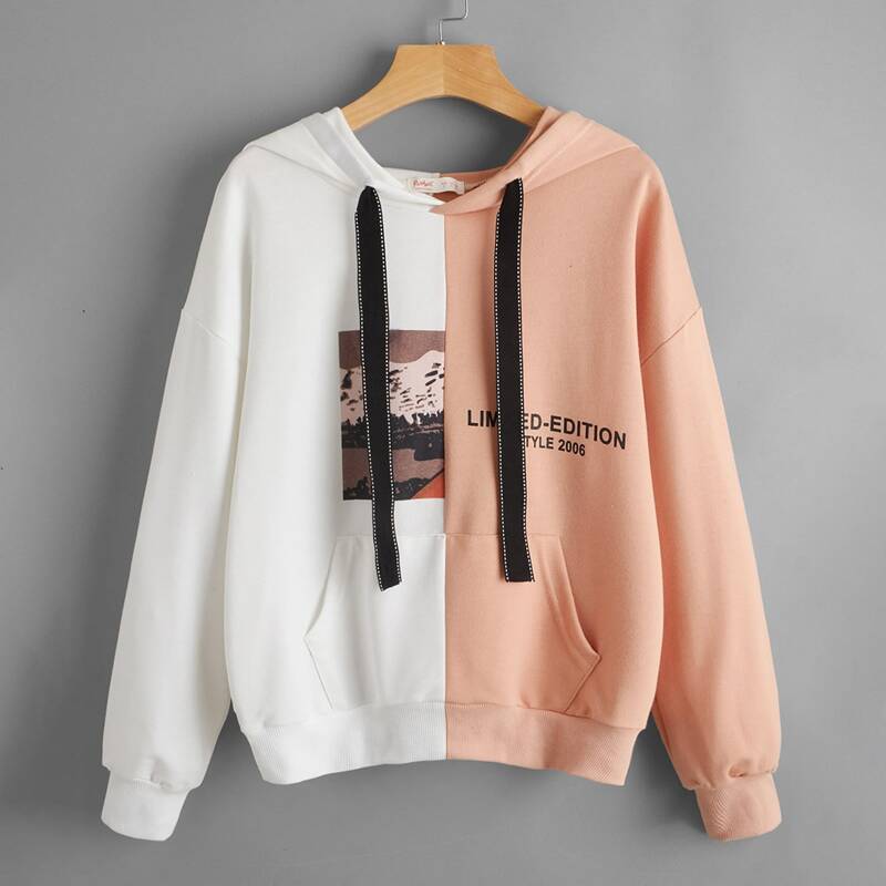 

Two Tone Letter Graphic Drawstring Hoodie, Multicolor