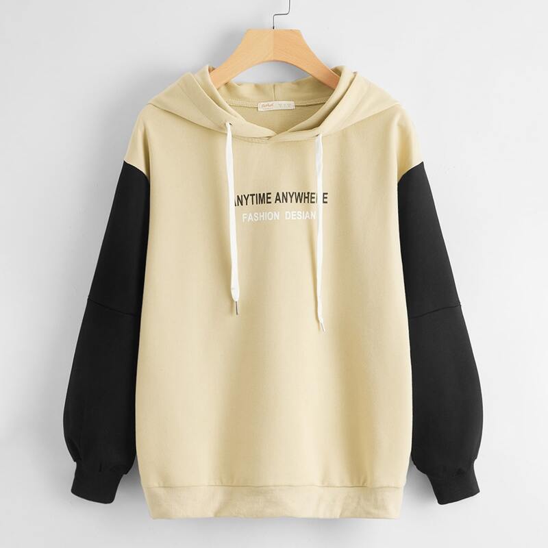

Letter Graphic Drawstring Hoodie, Beige