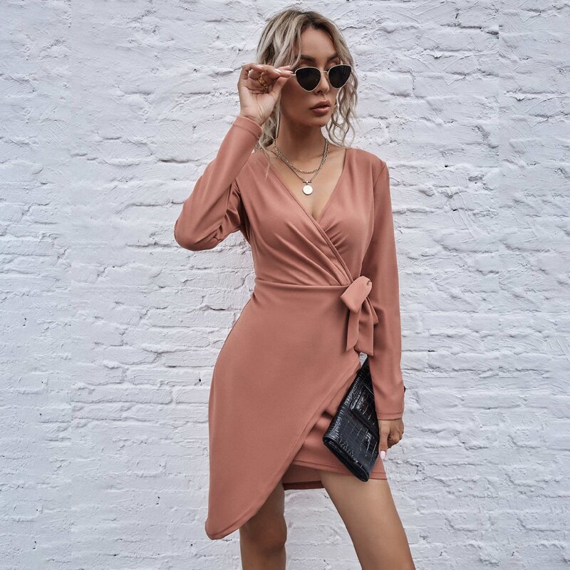 

Solid Wrap Knotted Dress, Dusty pink