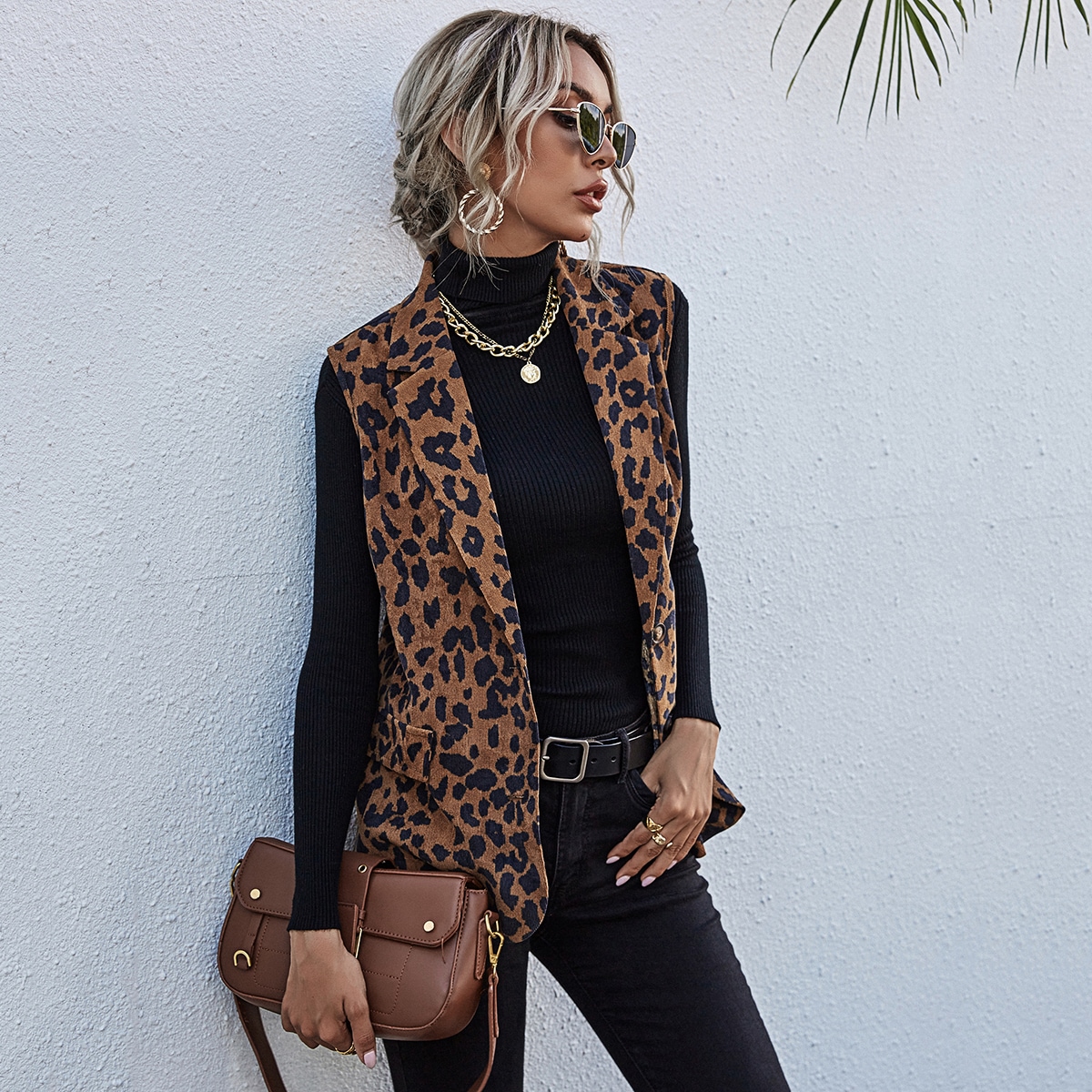 Image of Allover Print Lapel Neck Corduroy Blazer Vest