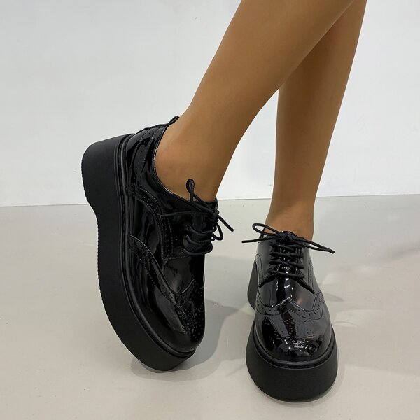 

Wingtip Decor Lace-up Front Derby Shoes, Black