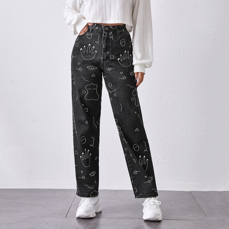 

High-Waisted Hand & Geometric Straight Jeans, Black