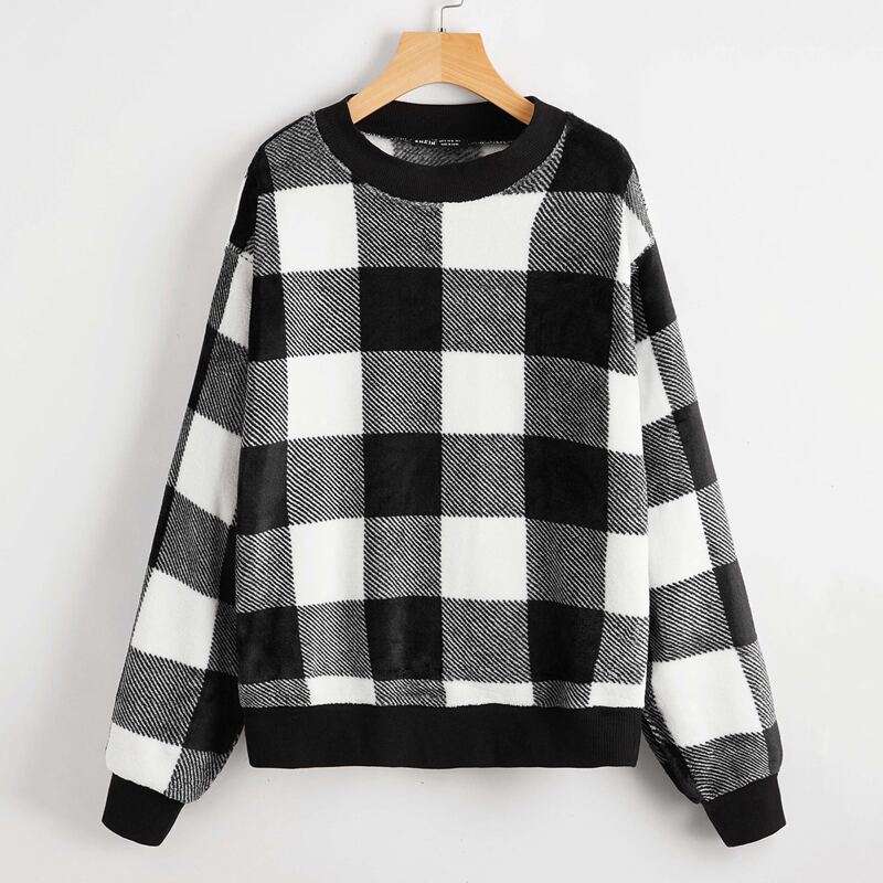 

Drop Shoulder Gingham Teddy Pullover, Black and white
