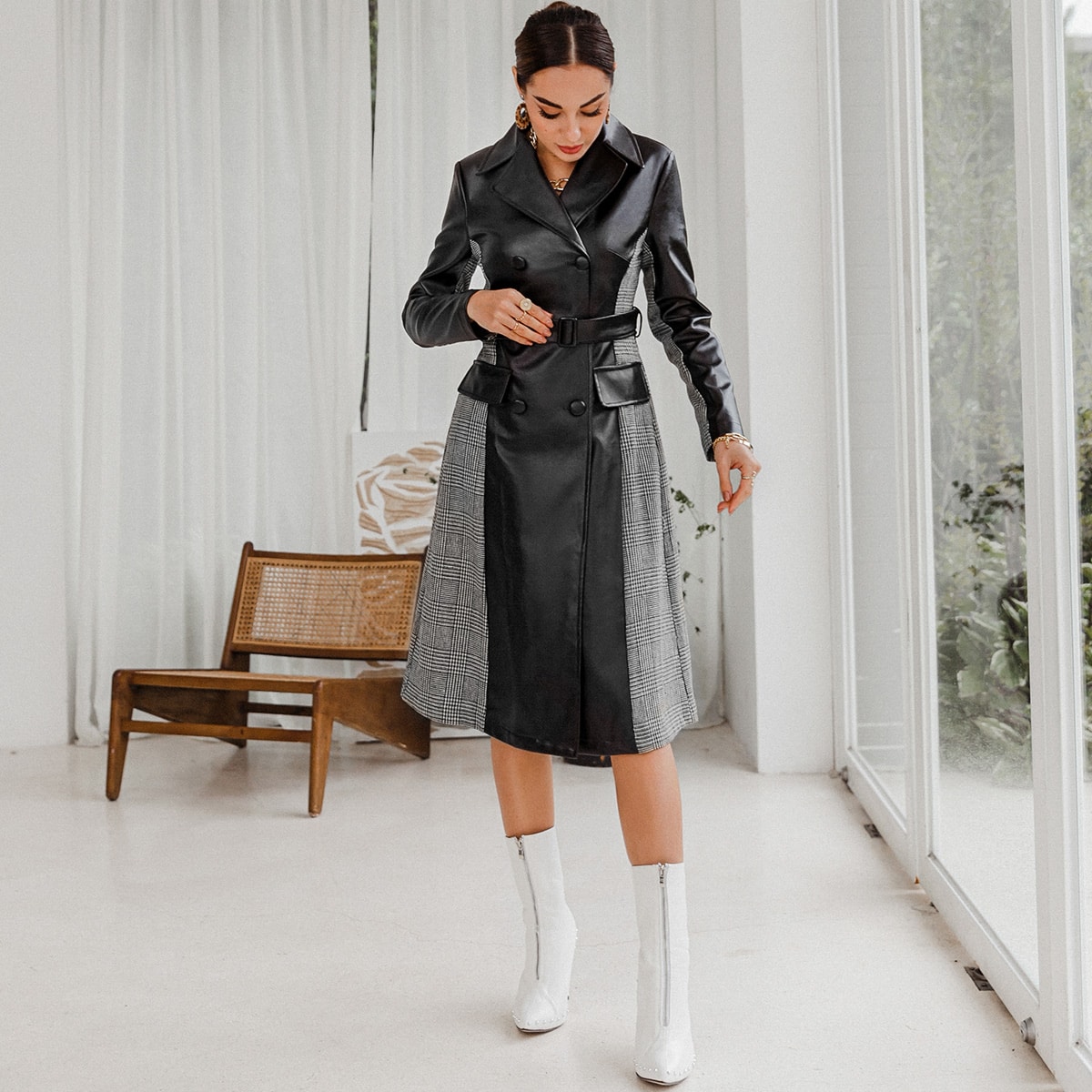 Image of Double Button Colourblock Plaid PU Leather Coat